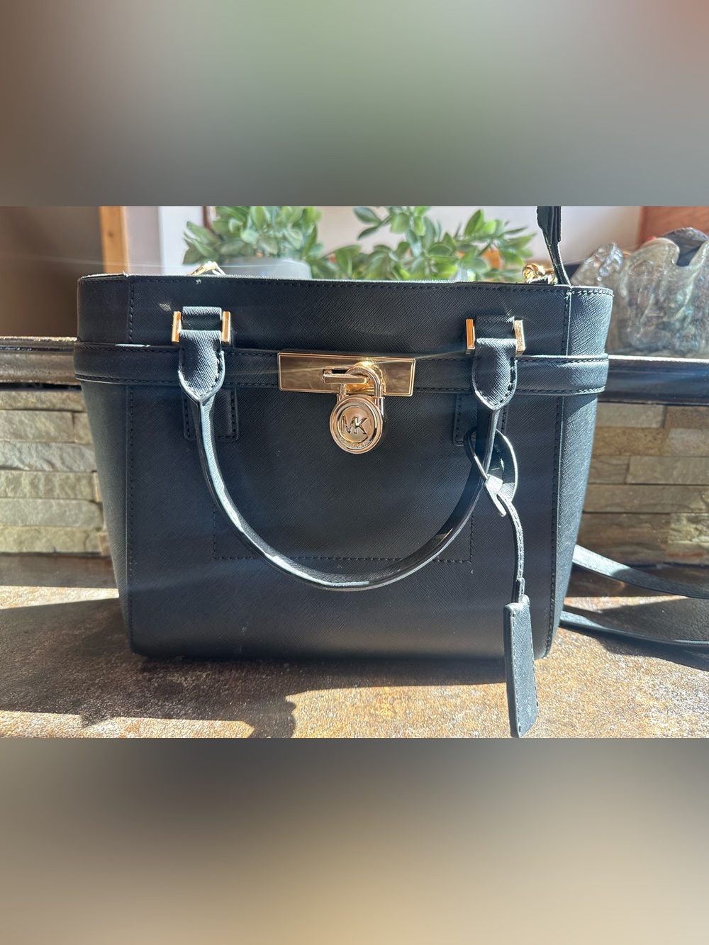 Michael Kors Black Saffiano Satchel with Gold Hardware and MK Lock